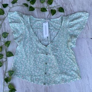 American Eagle Outfitters Shirt AEO Top Button Down Flowy Crop Sage Floral Green